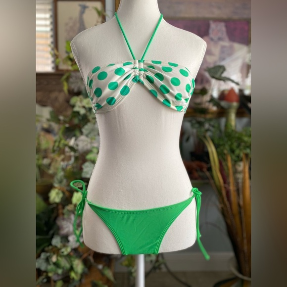 OP Ocean Pacific Bathing Suit Women Size Small Green White Polka Dot Two Piece - Picture 3 of 12